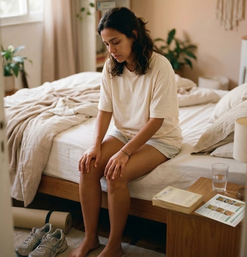 Mulher sentada na cama exausta após acordar